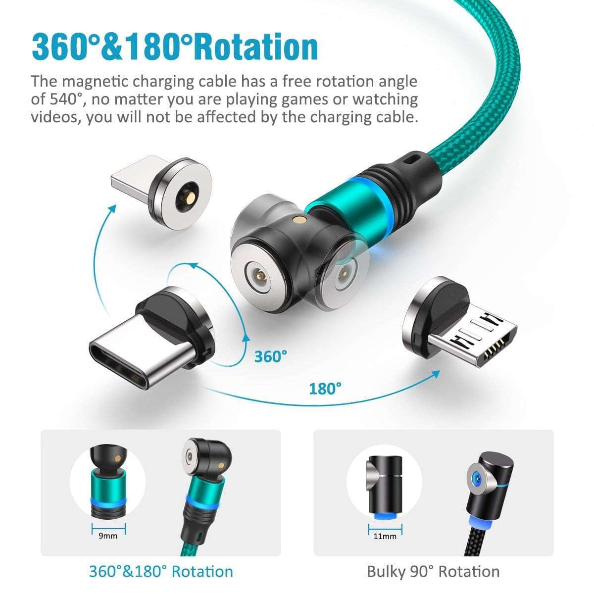 AUFU Magnetic Charging Cable Magnet Charger Micro USB Type C Cord USB Cable For iPhone11 Pro XS Max Xiaomi 540 Degrees Rotate-